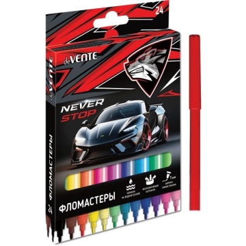 Фломастеры 24 цвета "Never Stop" смываемые вентилируемый колпачок картоная упаковка е.п