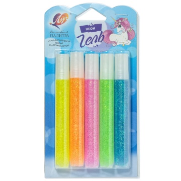 Гель цветной с блестками  5цв*10мл., Неоновый (алый, зеленый, желтый, розовый, голубой)