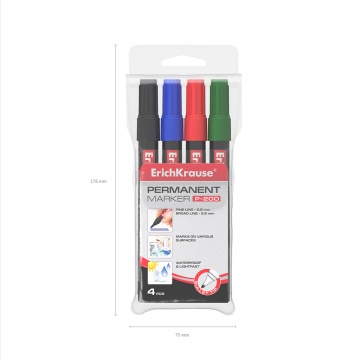 Набор из 4 перманентных маркеров ErichKrause P-200, цвет чернил: черный, синий, красный, зеленый (в