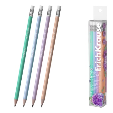 Набор из 12 чернографитных карандашей пластиковых ErichKrause JOY Pastel Bloom, круглых, с ластиком