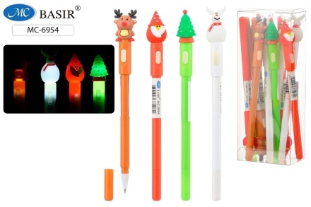 Ручка детская шариковая "НОВОГОДНИЕ"; прорезиненный наконечник фонарик-Де