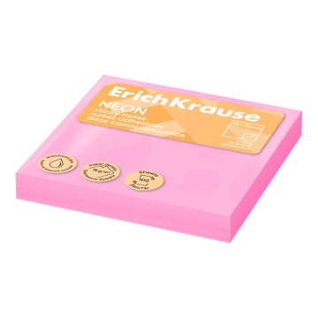 Блок самоклеящийся бумажный ErichKrause Neon, 75х75 мм, 100 листов, розовый