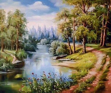 Алмазная мозаика, 40х50см. Круглые стразы. Полная выкладка. ЛЕСНАЯ РЕКА ЧЕРЕЗ ЛЕС
