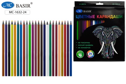 Карандаши цветные "СЛОН", черный пластик, заточенные, яркие. Противоударные. 24 цв.