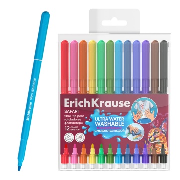 Фломастеры ErichKrause Safari Ultra Washable 12 цветов (в футляре с европодвесом 12 шт)