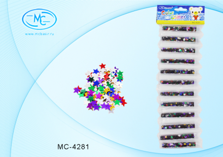 Блёстки декоративные. Звёздочки. В пласт. тубах (7,5 см)  12 штук