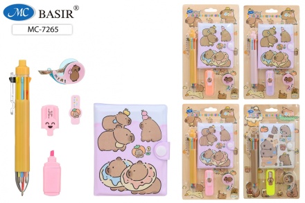 Блокнот 103*80мм клеевой кор. "Капибара" лин, на кнопке + мини-ручка, текстмаркер, скотч