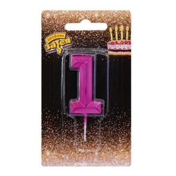 Свеча-цифра "1" Диамант Маджента, 4,5см.