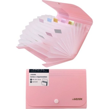 Папка 12 отд. на кнопке 178*122мм  Pastel, travel-size, розовая