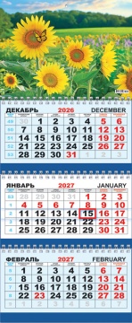 Календарь квартальный (большой) на 2027 год "Полевые цветы. Яркие подсолнухи", 295х730мм