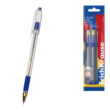 Набор из 3 ручек шариковых ErichKrause L-30 Gold Stick&Grip Classic 0.5, Super Glide Technology, цве