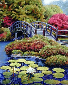 Алмазная мозаика, 40х50см. Круглые стразы. Полная выкладка. МОСТИК ЧЕРЕЗ РЕКУ С БЕЛЫМИ ЛИЛИЯМИ