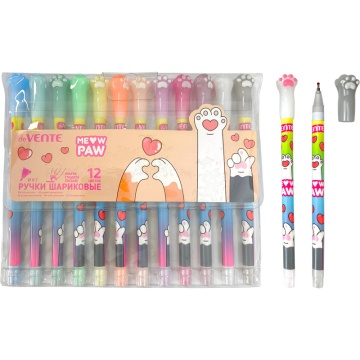 Набор ручек шар. deVENTE.Meow Paw".12цв, 0,7мм, колпачок в виде кошачьей лапки, блистер