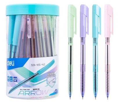 Ручка шар. Deli Arrow  синяя, 0,7мм, прозрачный корпус ассорти