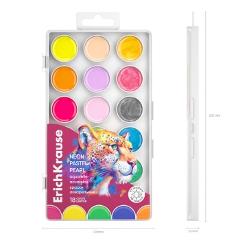 Краски акварельные ErichKrause Safari Neon+Pastel+Pearl с УФ защитой яркости 18 цветов (в пластиково