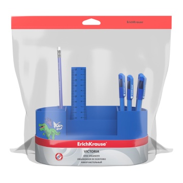 Набор настольный пластиковый + ручка (4 шт.), Карандаш с ластиком, линейка. 195*120*90 мм. Синий.