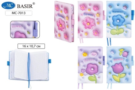 Блокнот: "ЦВЕТЫ"; 2 резинки для ручки; цветная обложка с рисунком .ассорти., внешняя сторона блока с цветным напылением; блок-клетка 1 офсет (прошитый),  80 листов; 16*10,7 см.