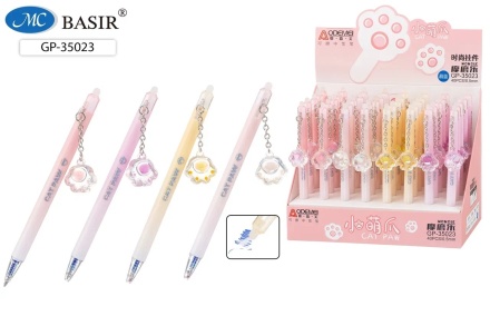 Ручка гелевая стираемая. Автоматич. "КОШКИНЫ ЛАПКИ"; клип-подвеска лапка, цв.корпус. Ассорти. 0,5 mm; синяя.