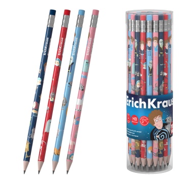 Чернографитный карандаш ErichKrause Приключения Пети и Волка, круглый, с ластиком, HB (в тубусе по 4