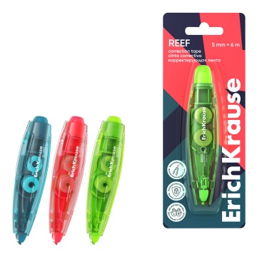 Корректирующая лента ErichKrause Spin Reef, с автоматической фиксацией аппликатора, 5мм х 6м, ассорт