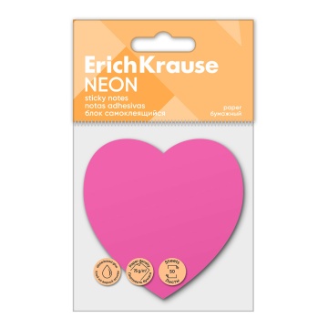 Блок самоклеящийся бумажный ErichKrause Heart Neon, 50 листов, розовый