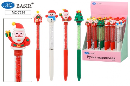 Шариковая ручка с поворотным механизмом: "НОВОГОДНЯЯ"; клип с насадкой, комбинированный корпус-нижняя часть корпуса-цветная, прозрачная часть корпуса с наполнителем-стразы, цвет чернил-синий.