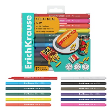 Цветные маркеры акриловые ErichKrause Slim Cheat Meal с пулевидным наконечником 12 цветов (в ПЭТ-бок