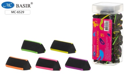 Ластик: чёрный с цветными вставками, треугольной формы .ассорти., в пластиковой банке; размер 2,8*1,2 см.