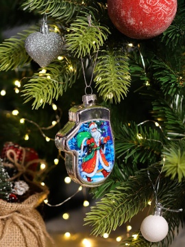 Подвесное украшение 11см Варежка "Дед Мороз" стекло