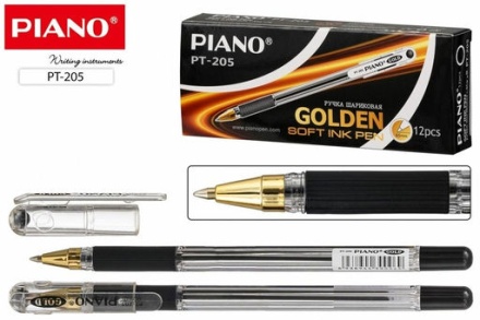 Ручка шариковая: на масляной основе, "Piano GOLD", прозрачный корпус, резиновый рефлённый держатель, наконечник золотистого цвета, игольчатый стержень, прозрачный колпачок, толщина пишущего наконечника 0,5 mm, цвет чернил-черная.