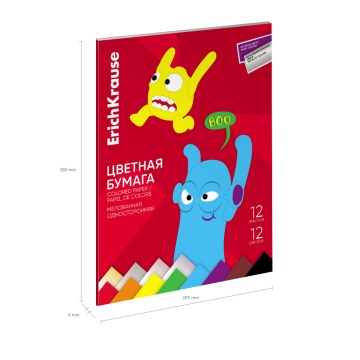 Цветная бумага мелованная односторонняя в папке ErichKrause, Jolly Friends, А4, 12л.,12 цв.(с металл