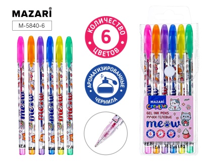 Набор ручек гелевых с блёстками MEOW, с ароматизированными чернилами, 6 цв., пулевидный пиш.узел 0.9мм, корпус пластиковый цветной, в пвх-упаковке с европодвесом