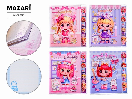 Блокнот А6, 80 л., ДЕВОЧКИ. 9х12.4 см, цв.внутр.блок, 4 дизайна в ассортименте