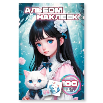 Альбом наклеек А6 6 лист. "100 наклеек. Девочка с котиком"