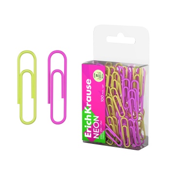 Скрепки металлические с виниловым покрытием ErichKrause Неон, 28 мм, ассорти (в ПЭТ-боксе по 100 шт.