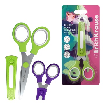 Ножницы ErichKrause Junior Protect Panda Hugs, с пластиковым чехлом и именным стикером, 13см, ассорт
