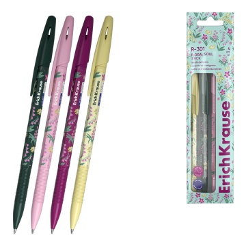 Набор из 4 ручек шариковых ErichKrause R-301 Stick Floral Soul 0.7, цвет чернил синий (в пакете)