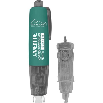 Корректирующая лента автоматическая "deVENTE. Marandi" 5 ммx5 м, полупрозрачный с бирюзовым корпус, фронтальный аппликатор, в комптекте с сменным картриджем 5 ммx5 м, в картонном блистере