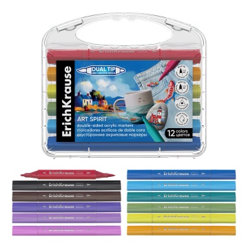 Цветные маркеры акриловые ErichKrause Art Spirit двусторонние 12 цветов (в пластиковом боксе с европ