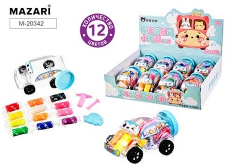 Тесто для лепки. 12 цветов по 9.8 г. "МАШИНКА". Пластиковые формочки 2 шт., пластиковая банка