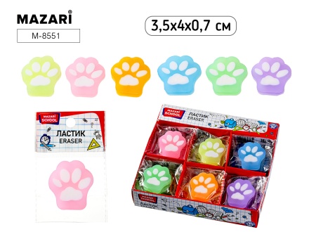 Ластик MAZARI "Лапки" 3,5*4*0,7см, фигурн., 6 диз.