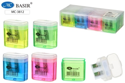 Точилка двойная с контейнером. Пластик. 4 цвета, прямоугольная. 4*3,5 см