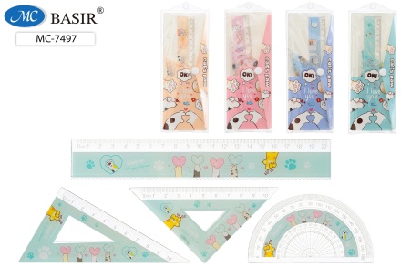 Линейки. Набор 4 шт. "ЛАПКИ". Пластик, с рисунком. 2 треугольника, транспортир, линейка 20 см