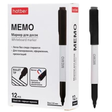 Маркер Hatber. Memo для белой доски 2мм черный, с магнитом и губкой
