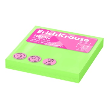 Блок самоклеящийся бумажный ErichKrause Neon, 75х75 мм, 100 листов, зеленый