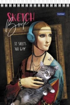 Скетчбук А5  32л., гребень, 160гр/м2  "Коты в искусстве"  тв.подл., пошаговые эскизы