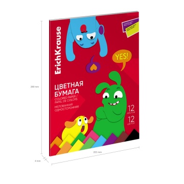 Цветная бумага мелованная односторонняя в папке ErichKrause, Jolly Friends А4, 12л., 12цв. (с флюор.