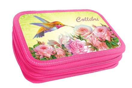Пенал 2 отд. (205*125*40) молния, лам.картон "Колибри в розах" с блестками+ конгрев
