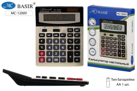 Калькулятор настольный : 12-разрядный, двойное питание, в индивидуальной упаковке, размер упаковки-19,2*14,8*3,3 см.(188*147 мм размер калькулятора)