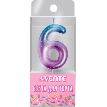 Свеча-цифра "6" Degrade 6 см, метал.цвет+напыление серебрян.точками